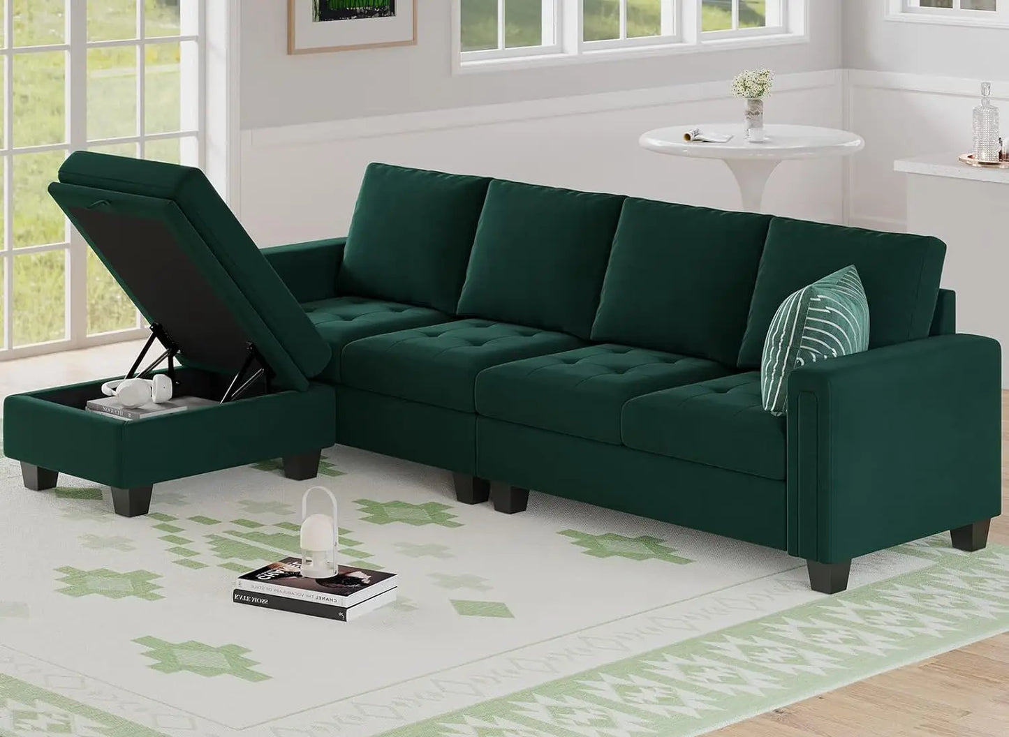 Velvet Reversible Sectional Sofa with Chasie Convertible L Shaped 4-seat Sectional Couch with Storage Ottoman