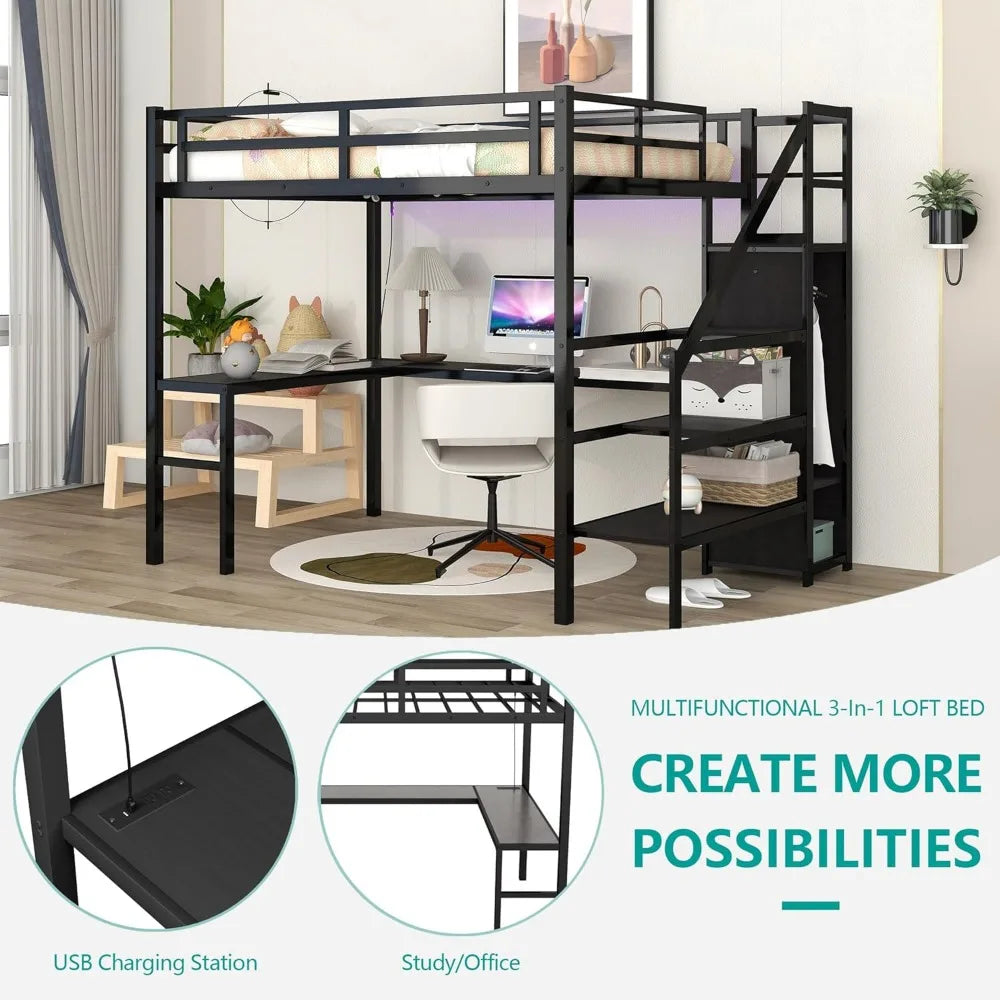 Full Size Loft Bed with Desk,Storage Stairs and Wardrobe,Full Loft Bed with Charging Station(USB Port,Outlets) and RGB LED Light