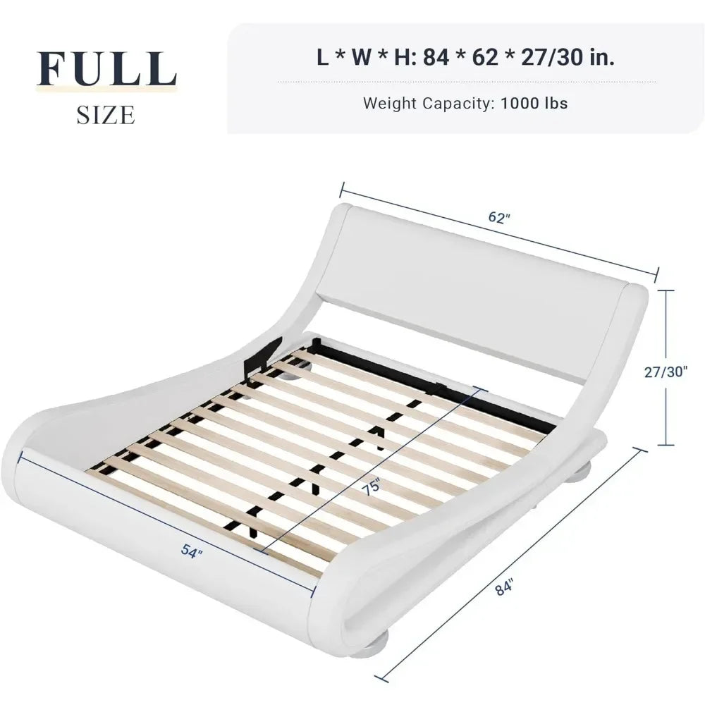 Full-size bed frame with ergonomic and adjustable headboard, understated modern padded platform sled design