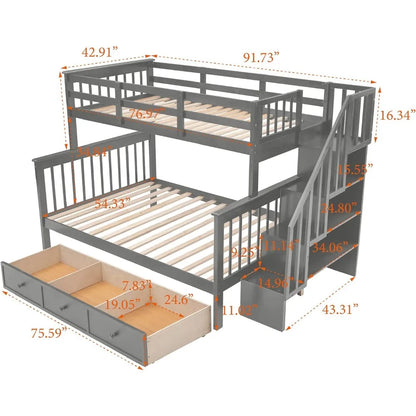 Litera doble sobre cama matrimonial con escaleras, estructura de litera de madera maciza con cajones de almacenamiento para niños, adolescentes, adultos, dormitorio, residencia universitaria