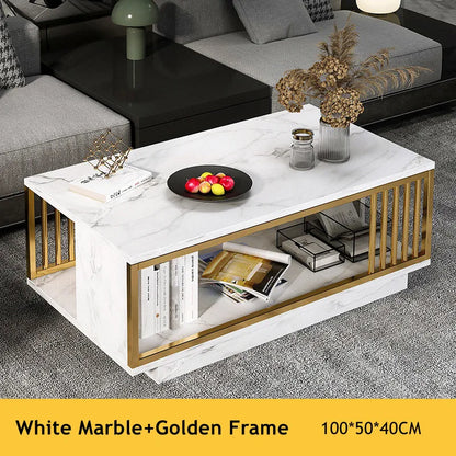 Mesa de centro moderna de dos niveles en blanco y dorado con revestimiento de mármol de alto brillo, rectangular, para sala de estar, mesa de sala de espera