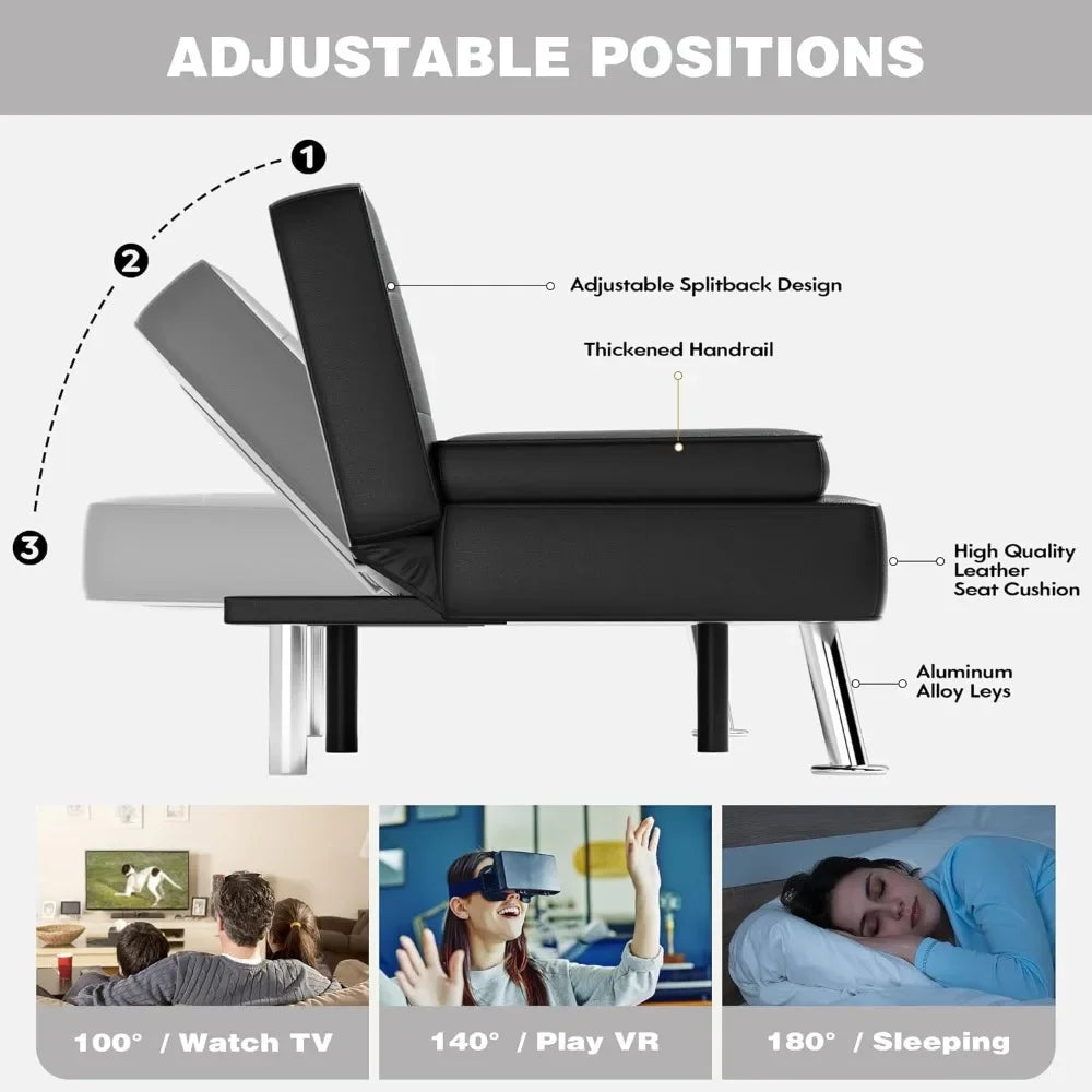 Sofá cama futón plegable con reposabrazos extraíbles, sofá cama reclinable ajustable con 2 portavasos para sala de estar