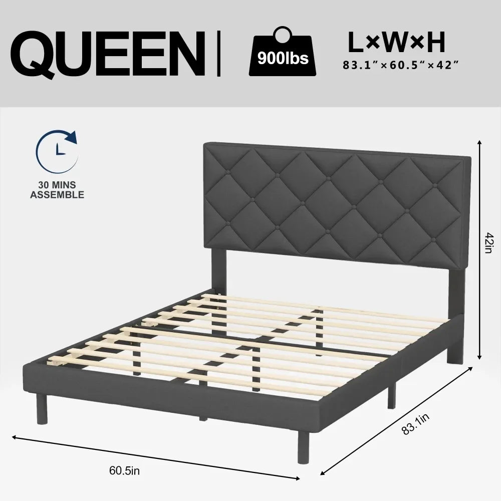 Cama Queen Size, Estructura de cama Queen Size con cabecera tapizada en tela, Gris oscuro, Fácil montaje