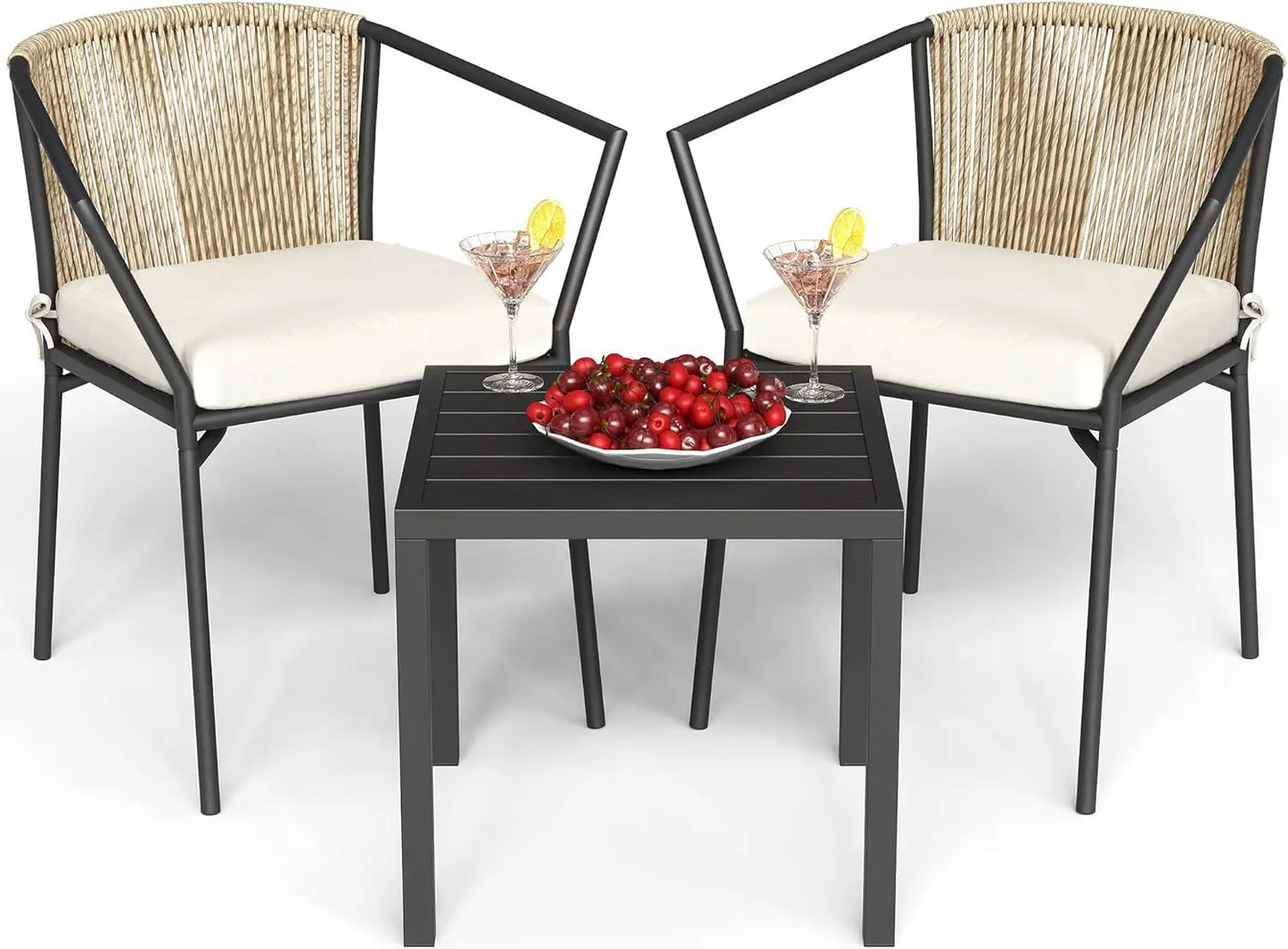 Wicker 3-Piece Outdoor Bistro Set, All-Weather Patio Conversation Set with Stackable Chairs & Table,  Sectional Furniture Set