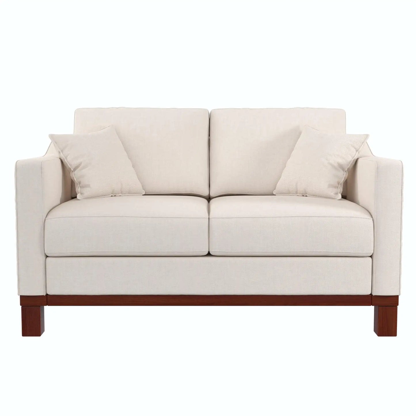 Brooklyn Upholstered Wood Base Loveseat with 2 Throw Cushions, Textured Beige