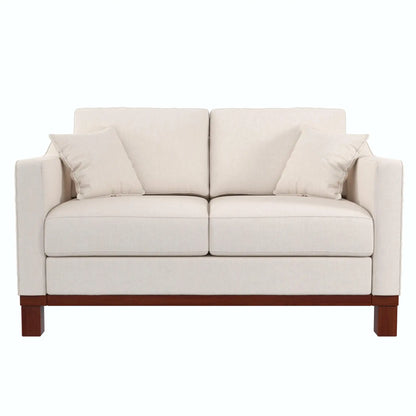 Brooklyn Upholstered Wood Base Loveseat with 2 Throw Cushions, Textured Beige