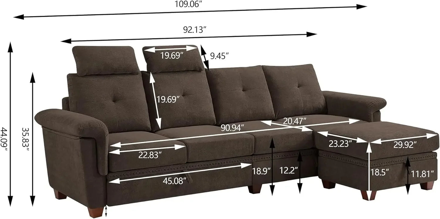 Convertible Sectional Sofa with Storage,4 Seat L Shaped Couch with Chaise and Cup Holder,Modern Microfiber Fabric Sofas Couches