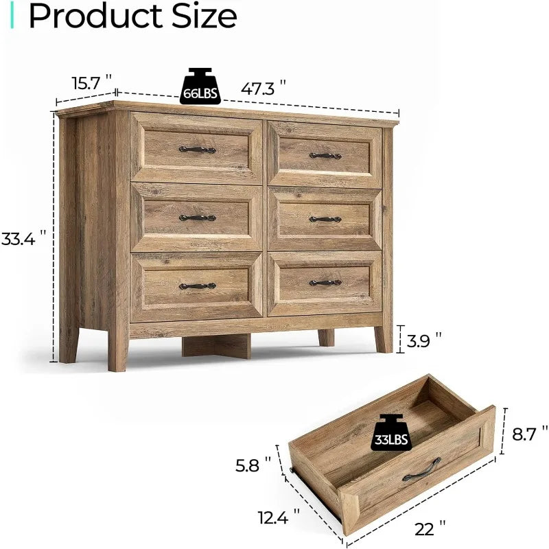 Commode à 6 tiroirs de ferme, commode en bois blanc pour chambre à coucher, commode large à tiroirs, commodes doubles de rangement de campagne française ou