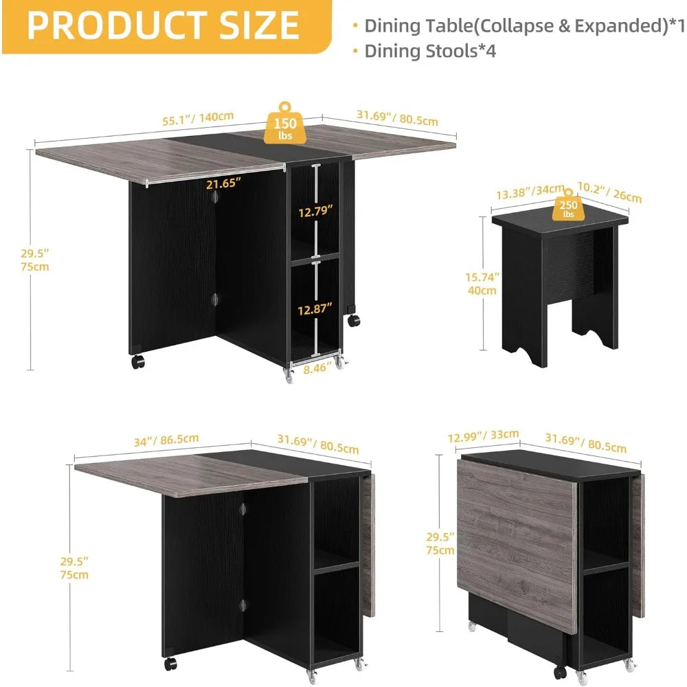 Ensemble de table à manger extensible pliante 5 pièces avec 4 chaises pour 4 personnes, ensemble de table de salle à manger de cuisine en bois à abattant de 55 pouces