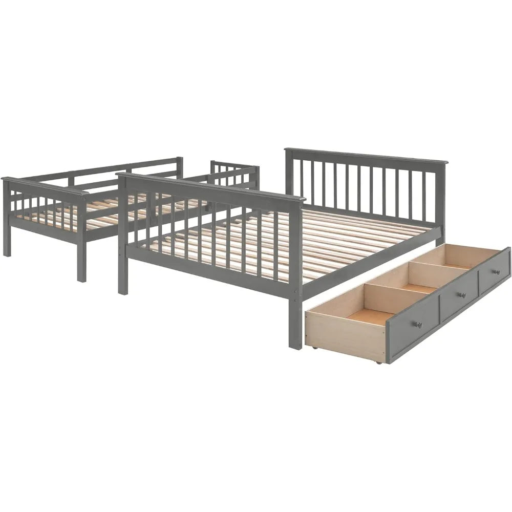 Litera doble sobre cama matrimonial con escaleras, estructura de litera de madera maciza con cajones de almacenamiento para niños, adolescentes, adultos, dormitorio, residencia universitaria