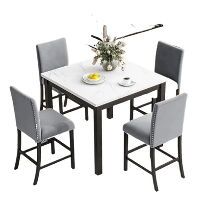 Ensemble de table à manger de 5 pièces avec plateau en faux marbre et quatre chaises rembourrées en velours, gris