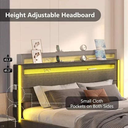 LED Queen Bed Frame, Adjustable Headboard, Light Up with Type-C & USB Charging Station, Upholstered Metal Bedframe, Bed Frame