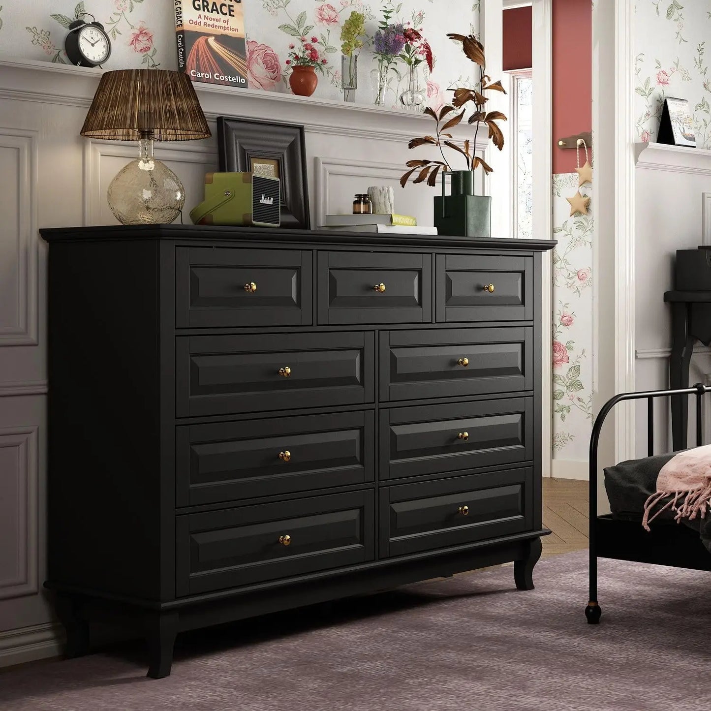 Commode à 9 tiroirs, commode contemporaine moderne avec poignées argentées, pieds en bois, pour chambre à coucher, noir, blanc