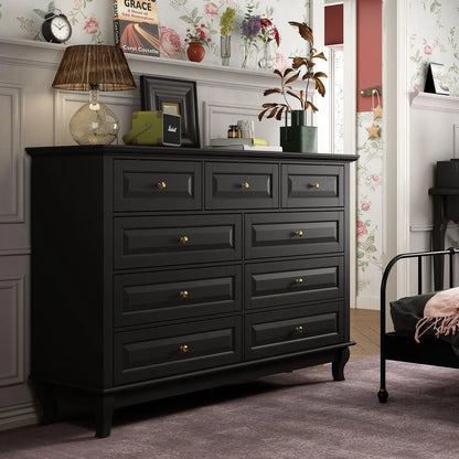 Commode à 9 tiroirs, commode contemporaine moderne avec poignées argentées, pieds en bois, pour chambre à coucher, noir, blanc