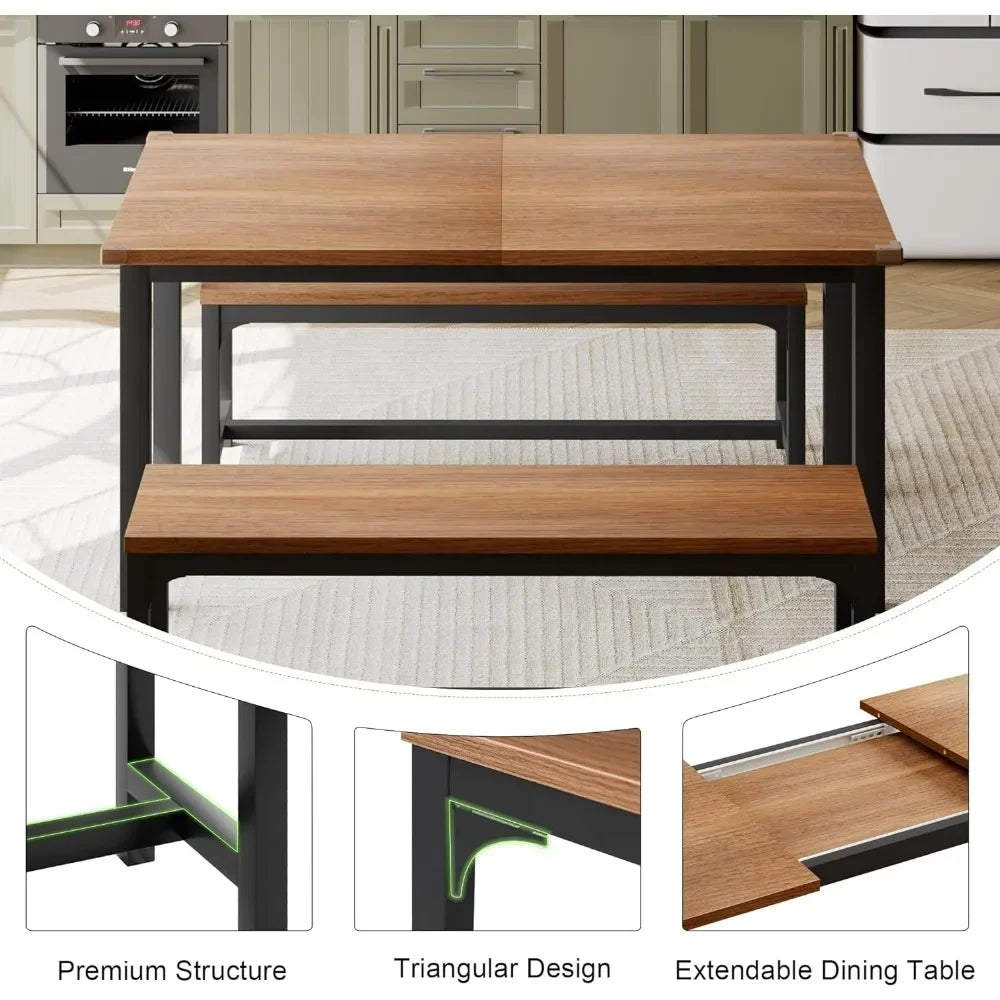 Ensemble de table à manger de 63 po pour 4 à 6 personnes, table de salle à manger extensible avec 2 bancs, table de cuisine 3 pièces pour petit espace, facile à nettoyer, noyer