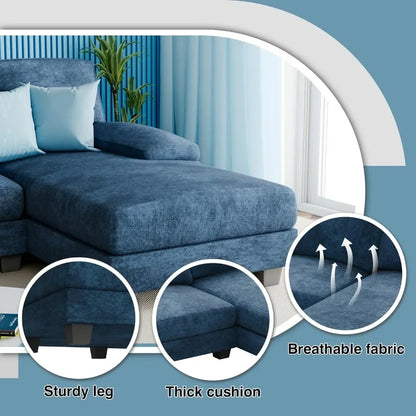 Living Sectional Sofas Couch,Fabric Modular Sofa Sleeper Chaise Memory Foam Blue 4 Seat Sofa Set for Living Room U-Shaped