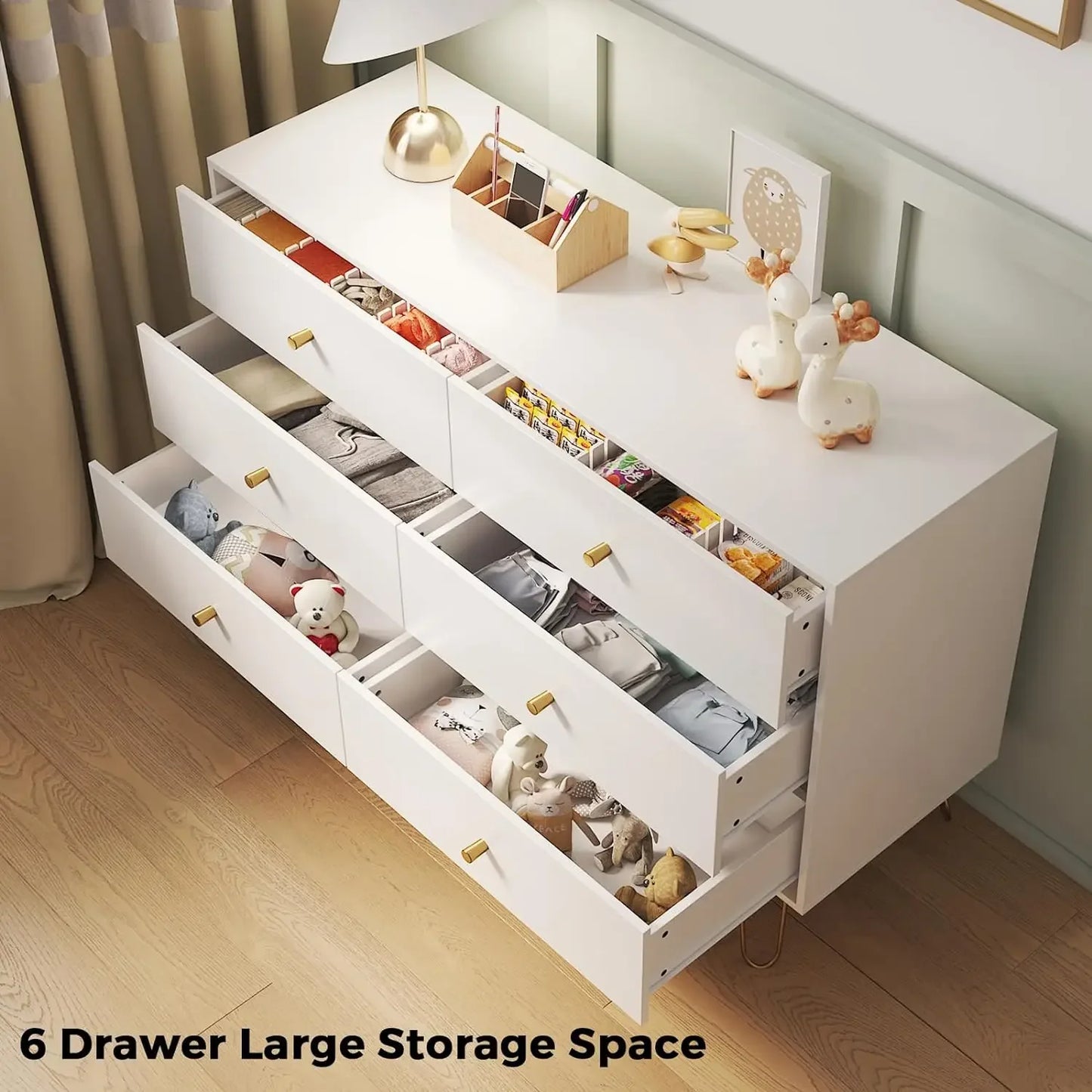 Dresser for Bedroom with 6 Drawer, Wood Dressers & chests of Drawers with Gold Knobs, Modern Storage Closet,White/Blue/Black