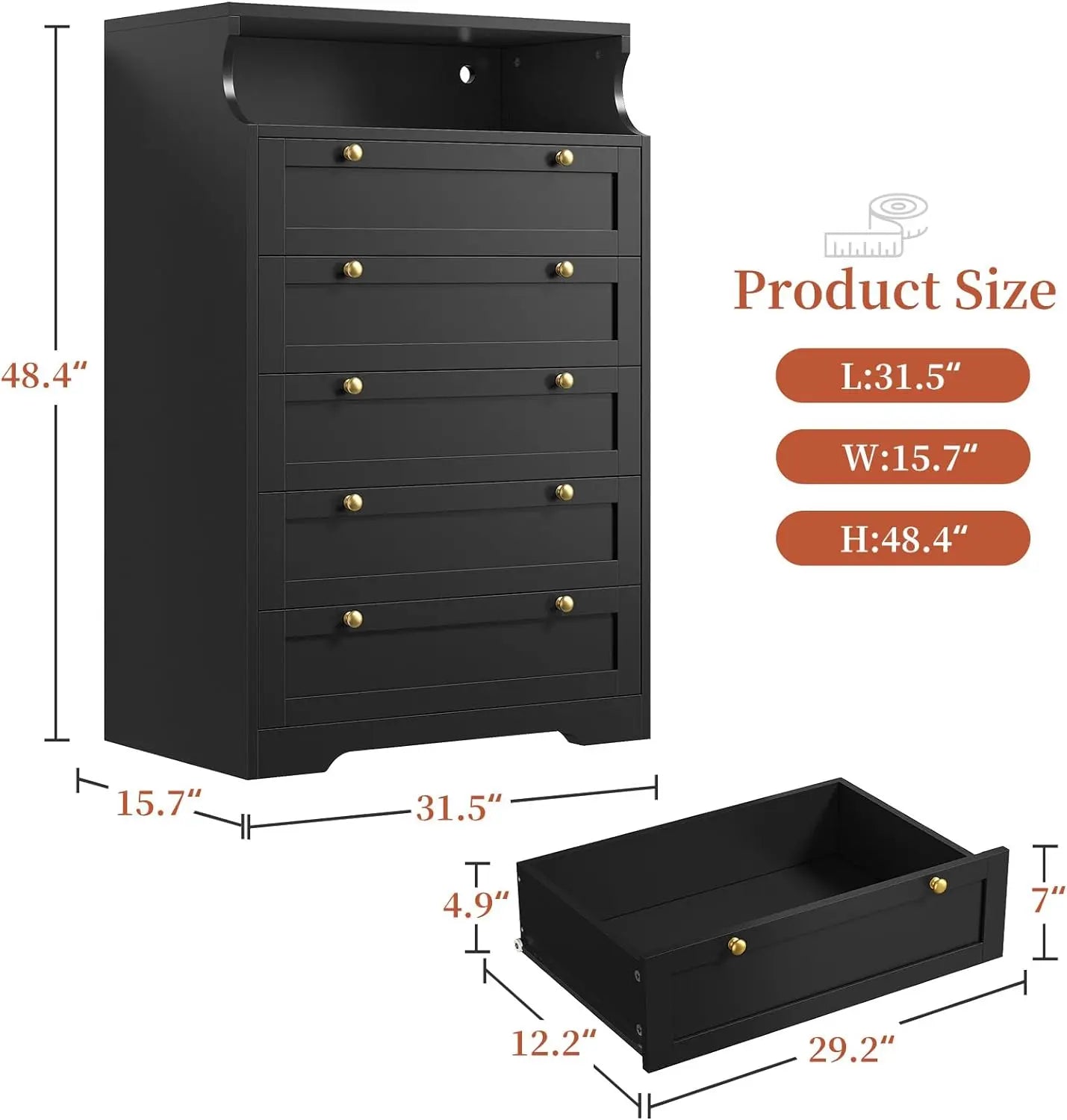 Commode pour chambre à coucher avec LED, commodes et coffres à tiroirs pour chambre à coucher, commode haute avec 5 tiroirs en bois et poignées en métal 48,4" H