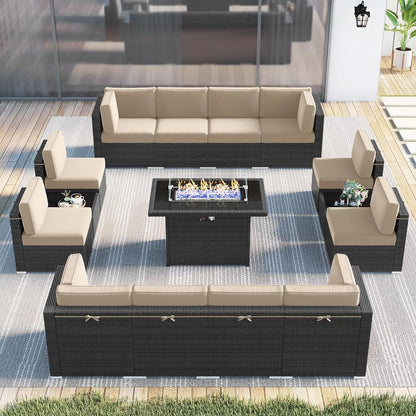 Juego de muebles de patio de 8 piezas con mesa para fogata a gas propano de 44", juego de sofá de mimbre y ratán y mesa de centro Rattan Möbel