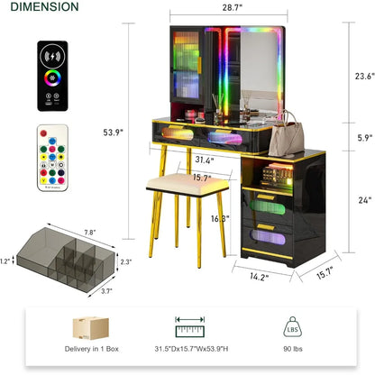 Commodes avec miroir et lumières, ensemble de coiffeuse à LED avec station de charge sans fil/capteur corporel, coiffeuse avec tiroirs