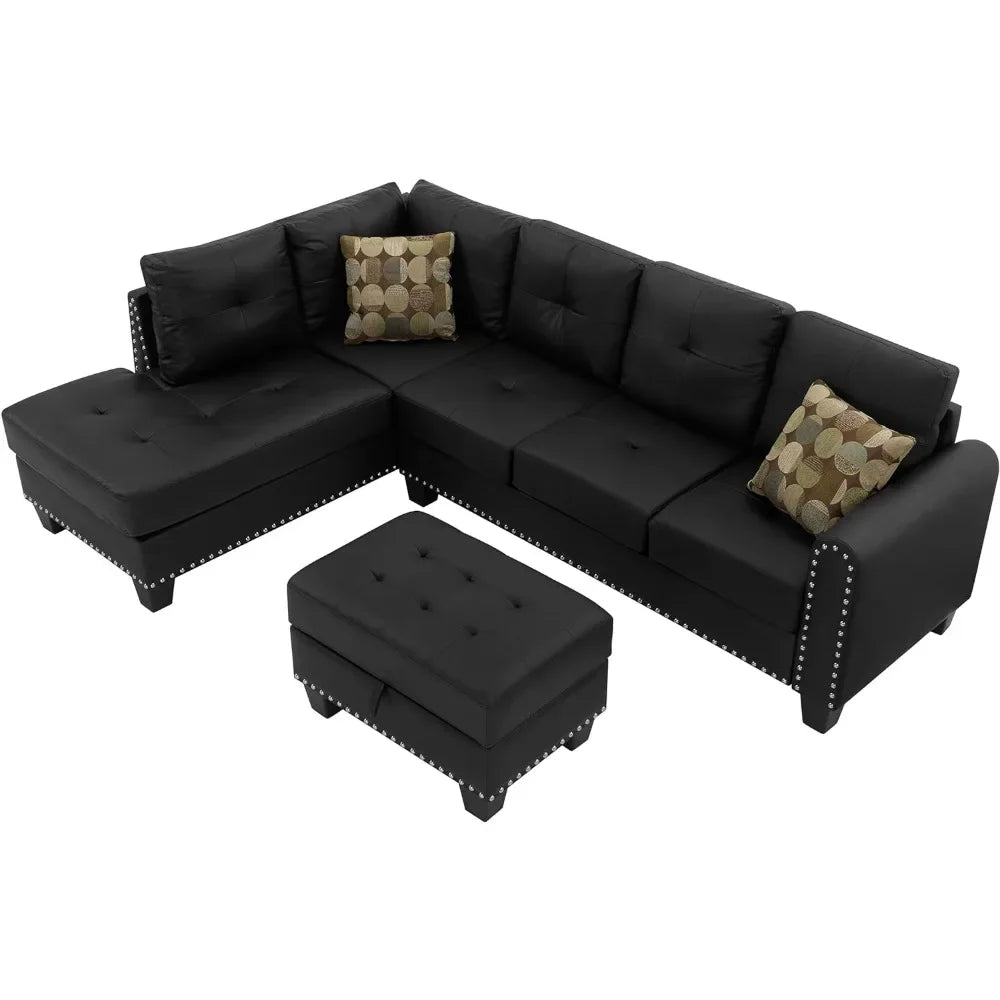 Living Room Sofa, L-Shape PU Leather Sectional Couch Set with Storage, Chaise, Ottoman, 2 Cup Holders & 2 Toss Pillow, Black