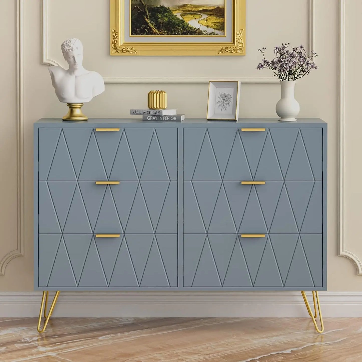 6 Drawer Dresser,Modern Dresser Chest w/ Wide Drawers & Metal Handles for Bedroom,Living Room,Hallway,Entryway-Dark Blue