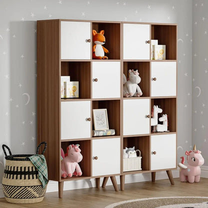 Brown and White 8 Cube Organizer Set of 2, Wooden 16 Cubby Display Bookcase, 4-Tier bookshelf with Doors, Storage Cabinet