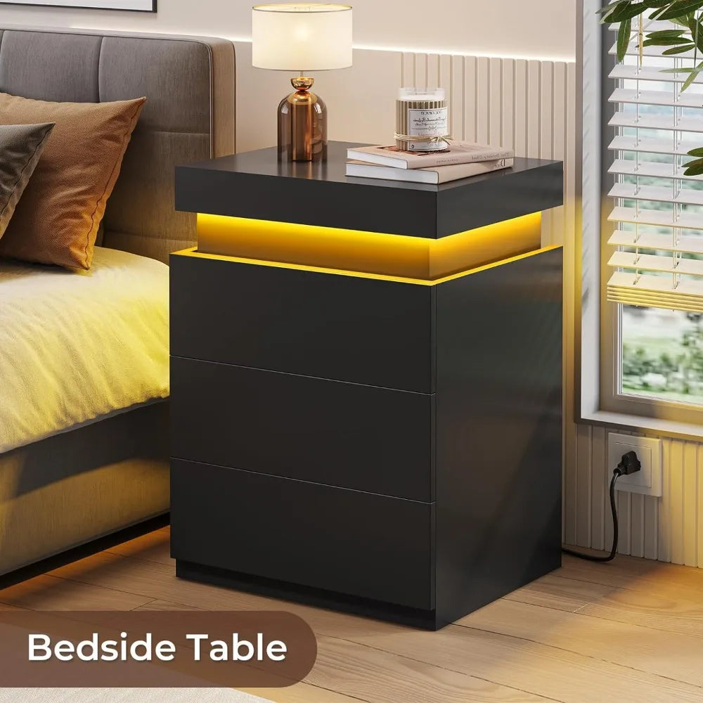 Ensemble de 2 tables de nuit à LED, table de nuit avec station de charge et plateau coulissant, table de chevet pour chambre à coucher, ensemble de 2