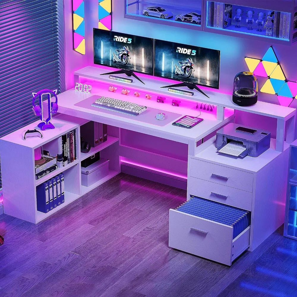 Bureau en L avec 3 tiroirs, bureau d'ordinateur d'angle de 65 pouces avec prises de courant et lumières LED, bureau en L avec armoire et support d'imprimante