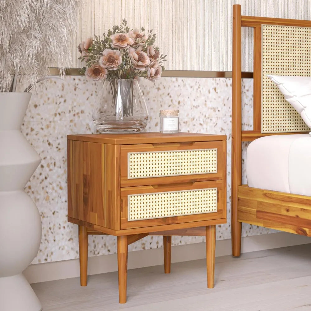 Bed Table 2-Drawer Bedside Tables Oliver Solid Wood Rattan Nightstand/Side End Table Fully Assembled Furniture Sofa Bedroom Home