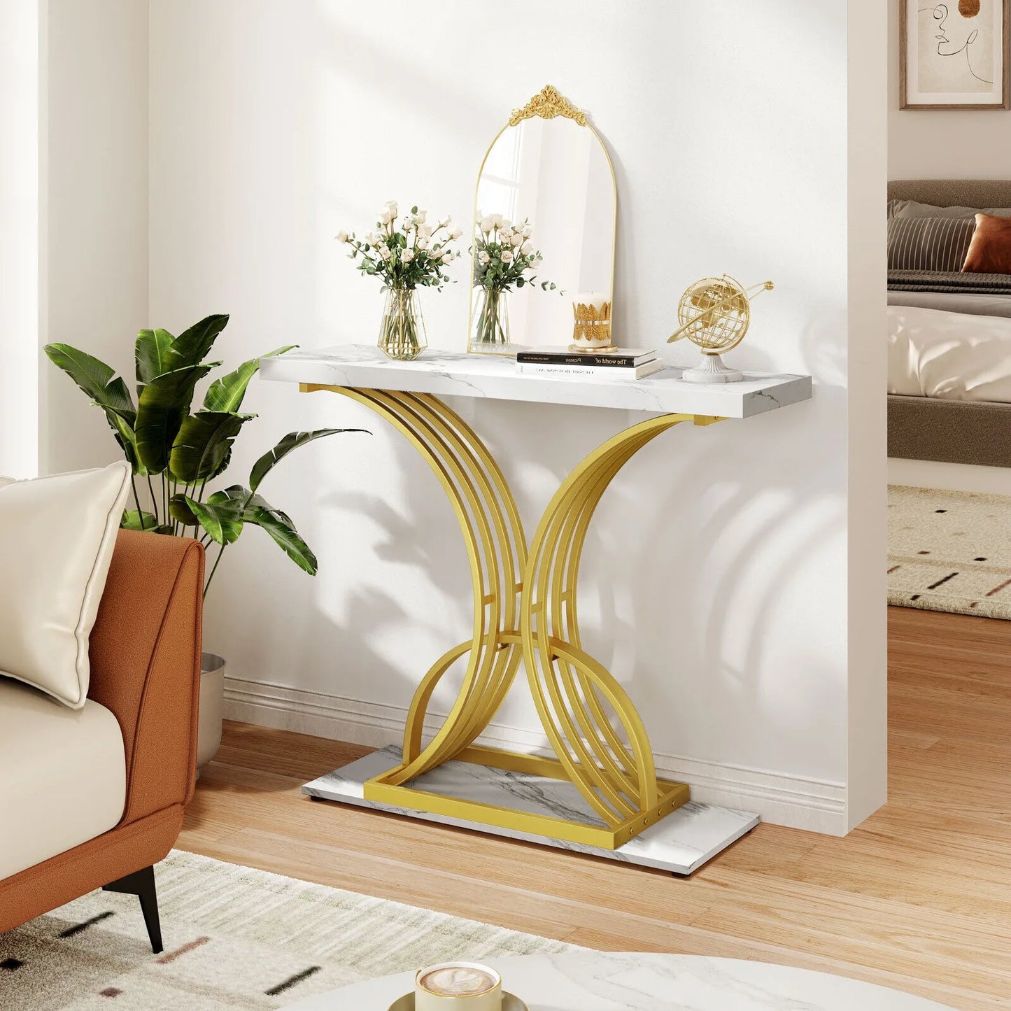 US  Modern Gold Console Table 39" Entryway Table with White Faux Marble Living Room furniture living room marble