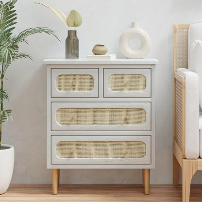 Wicker Rattan 4-Drawer Nightstands, White Finish Wooden Storage Chest of Drawers, Modern Farmhouse Accent Table