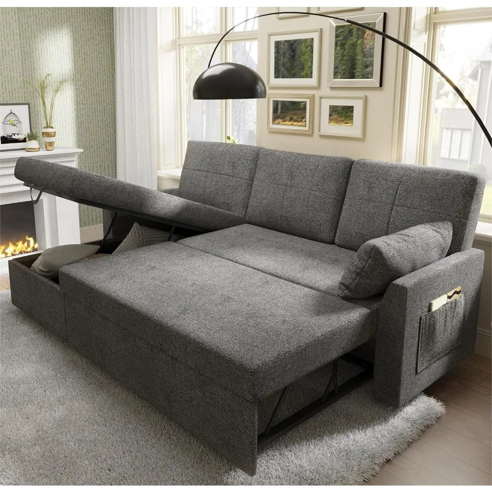 Sleeper Sofa Sofa Bed- 2 in 1 Pull Out Couch Bed with Storage Chaise for Living Room, Sofa Sleeper with Pull Out Bed, Grey Linen