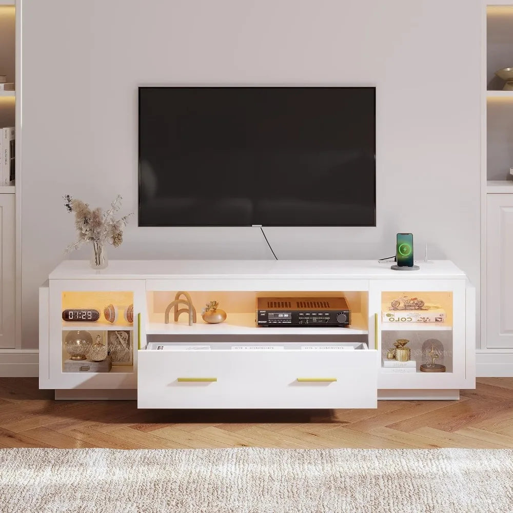 TV Stand for TVs Up to 75” W/LED Power Outlets Living Room Cabinet White & Gold Dressers 70 Inches Modular Furniture Tv Salon