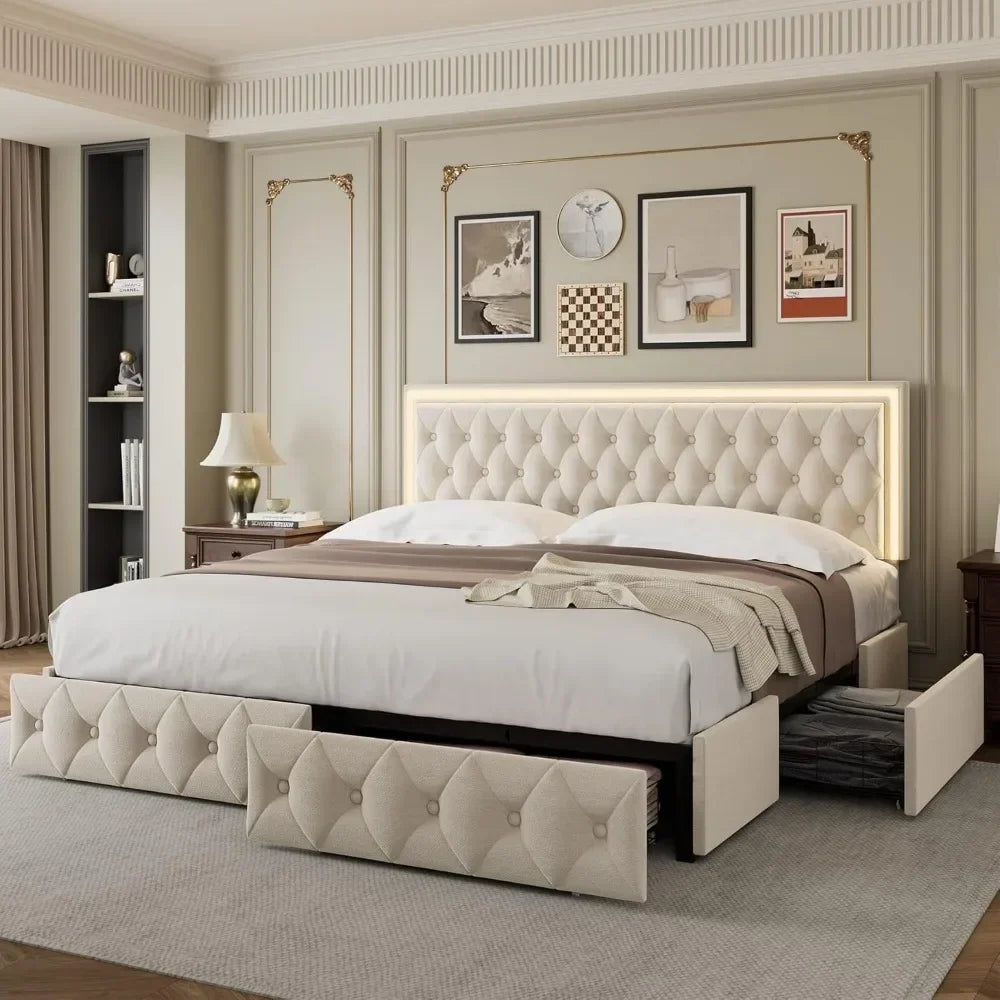 King Bed Frame with 4 Drawers, Velvet Platform Storage Bed with Adjustable Button Tufted Headboard,Full Upholstered LED Bed