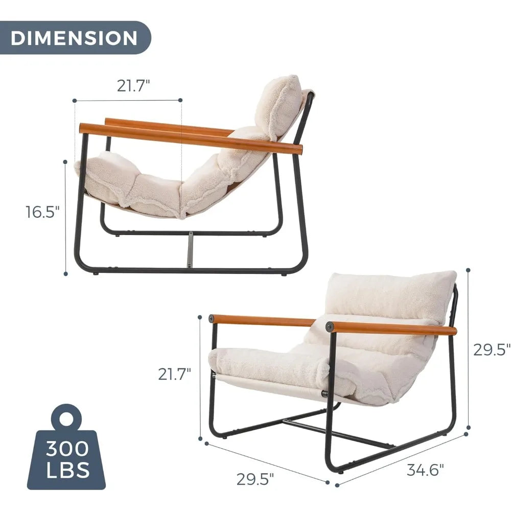 Sillón Boucle con brazos para sala de estar, acento de lectura, sillón de dormitorio moderno de mediados de siglo, sillón Teddy con brazos de madera y estructura de metal