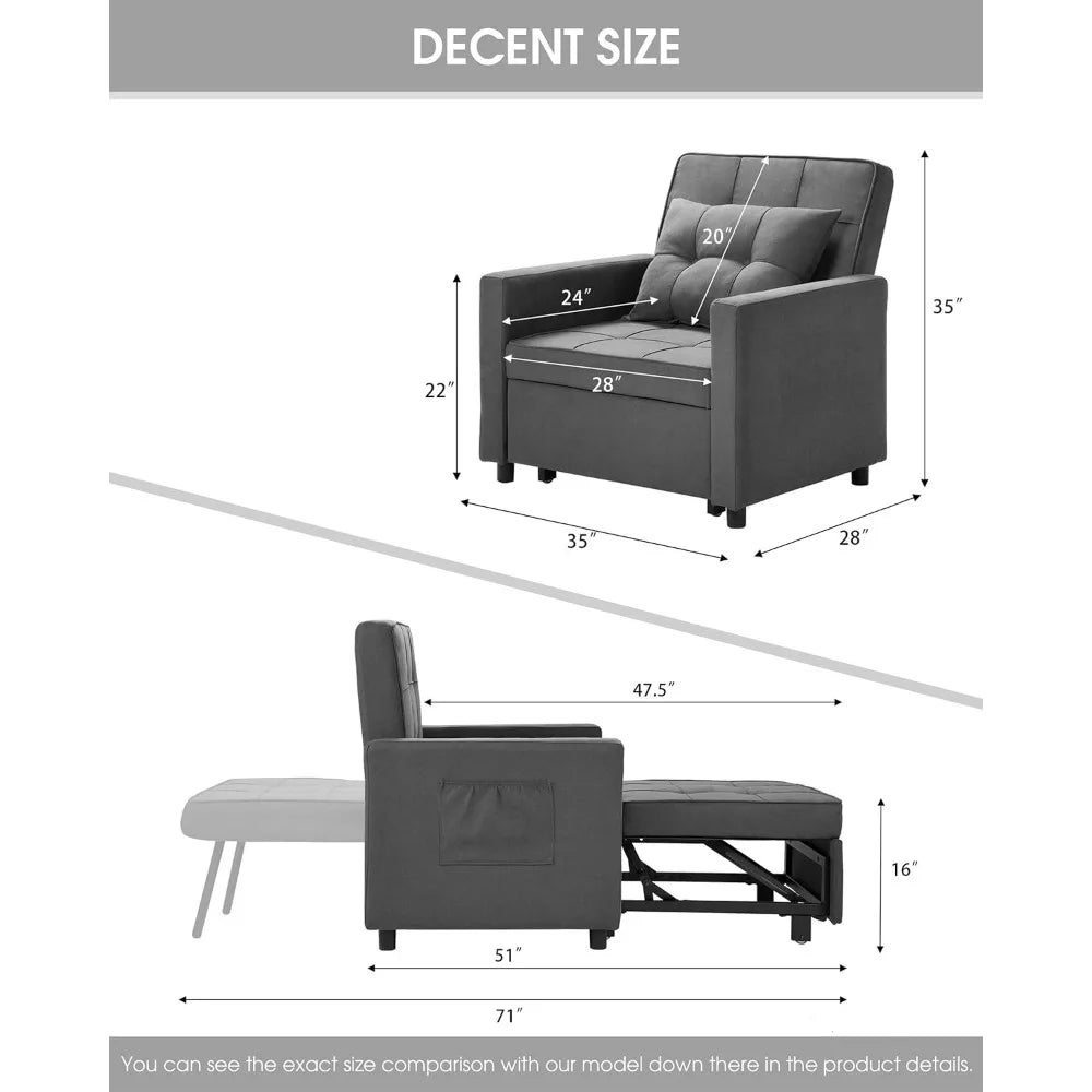 Convertible Chair Bed, Sleeper Chair Bed 3 in 1, Stepless Adjustable Backrest, Armchair, Sofa, Bed, Fleece, Single One