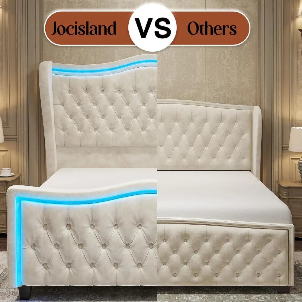 Bed Frame with LED Lights, Bed with Deep Button Tufted Headboard, Queen Size Bed Frame