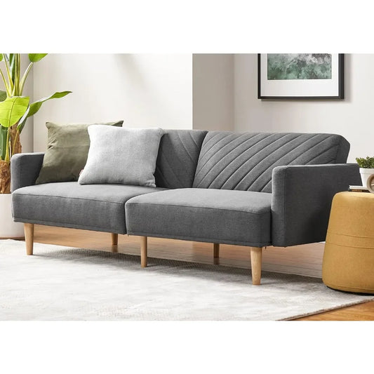 Sofá cama, sofá cama convertible con patas de madera cónicas, 77,5" de ancho, sofá pequeño con respaldo dividido para sala de estar, tela gris oscuro, tamaño Twin