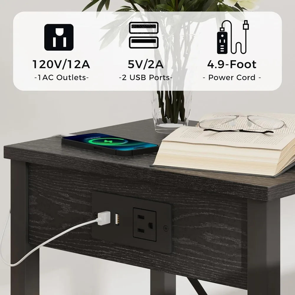 2 Piece Side Table Set with Charging Station, with USB Port, 2 Tier Storage Shelf Nightstand, Living Room Side Tables Set of 2