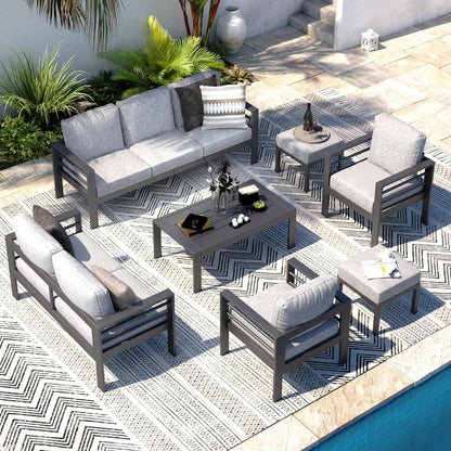 Aluminium Patio Furniture Set, Modern Outdoor Patio Furniture with Coffee Table, Set of 7 with Grey Cushions，Light Grey