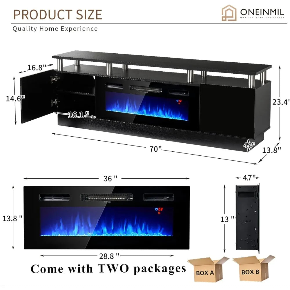 Fireplace TV Stand with 36" Electric Fireplace,LED Light Entertainment Center,2 Tier TV Console Stand for TVs Up to 80",Fireplac