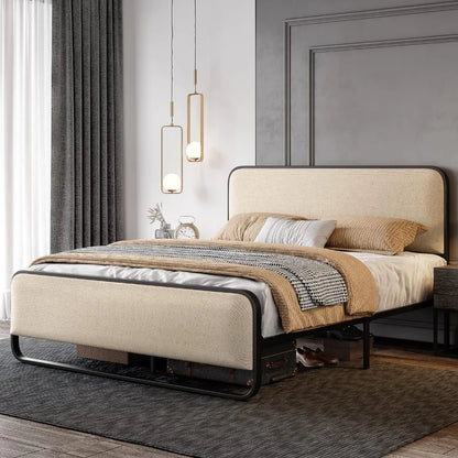 Full Size Platform Metal Bed Frame with Curved Upholstered Headboard and Footboard, Large Under Bed Storage Beds