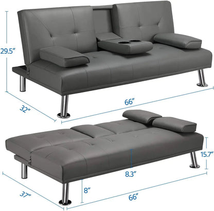 Canapé-lit convertible en similicuir moderne, futon pliable avec accoudoirs, fauteuil inclinable pour la maison, meubles de salon, gris