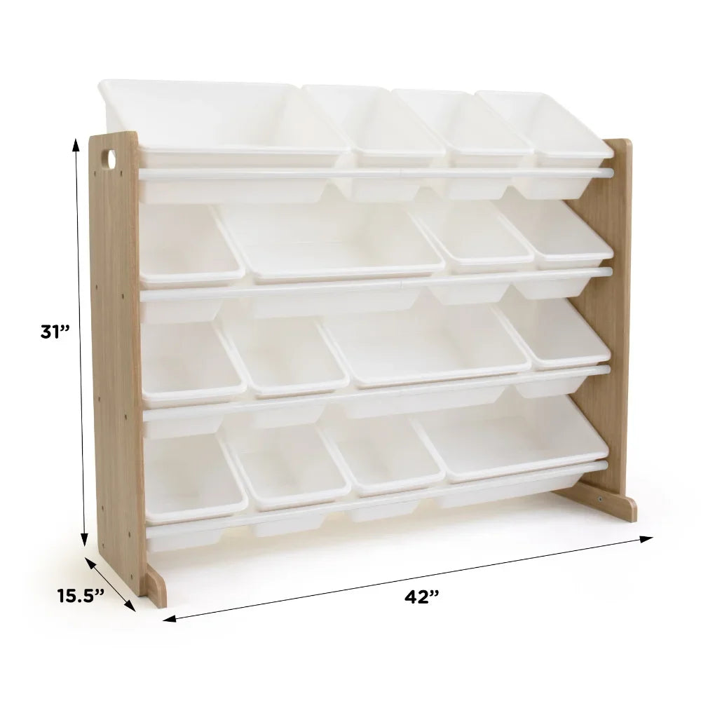 Organisateur de rangement de jouets en bois naturel pour enfants avec 16 bacs de rangement en plastique blanc Boîtes d'organisation en plastique pour chambre à coucher Livraison gratuite