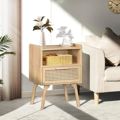 Ensemble de 2 tables de chevet en rotin, table de chevet d'appoint en rotin avec pieds en bois massif pour chambre à coucher, dortoir et petits espaces