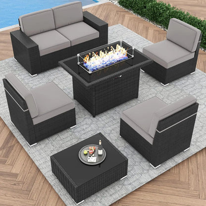 Juego de muebles de exterior para patio de 7/8 piezas con mesa para fogata, sofá seccional de ratán, conjunto de conversación, conjunto moderno para jardín