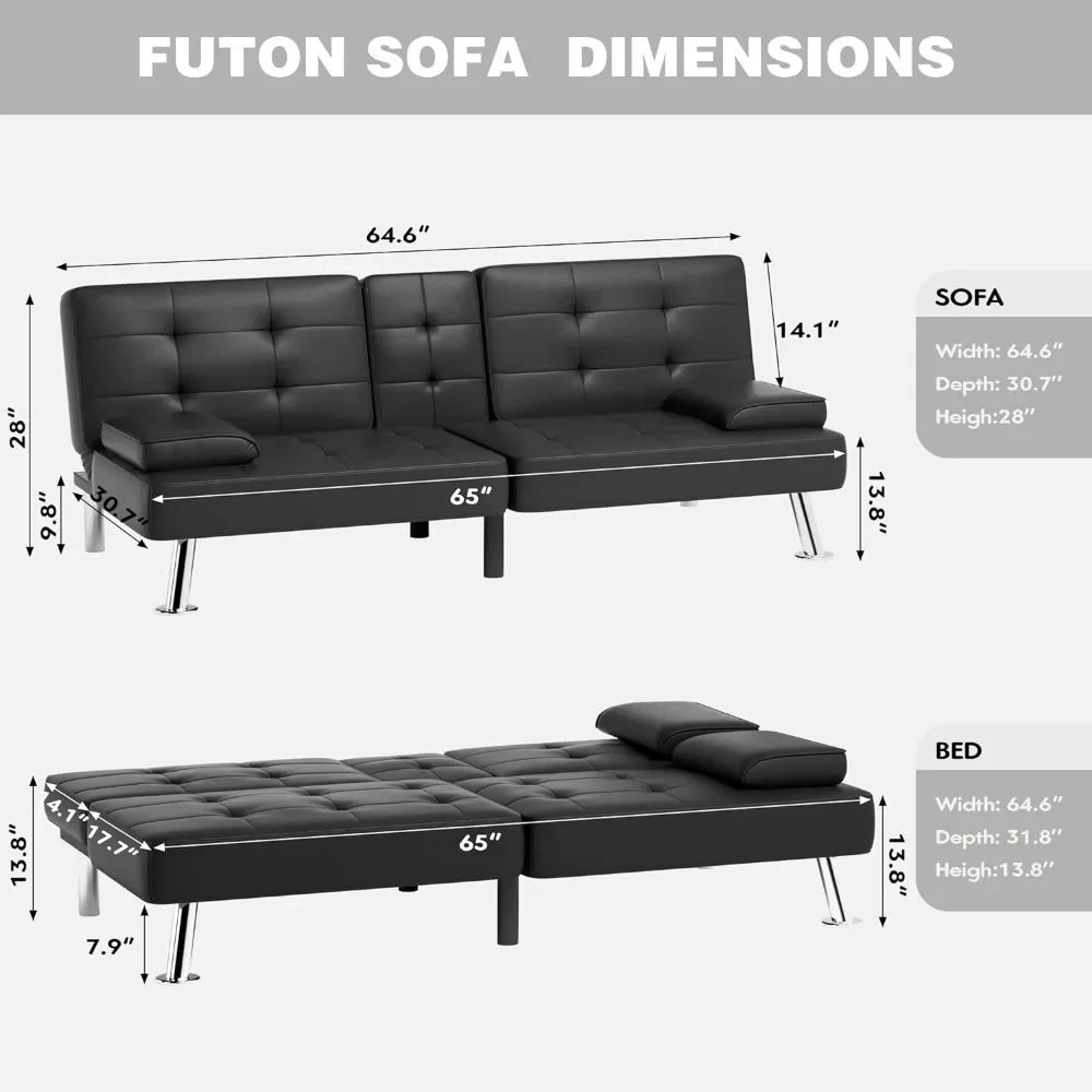 Canapé-lit futon pliable avec accoudoirs amovibles, canapé-lit inclinable réglable avec 2 porte-gobelets pour le salon