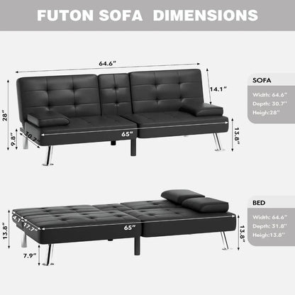 Folding Futon Sofa Bed with Removable Armrests, Adjustable Recliner Couch Bed Loveseat with 2 Cup Holders for Living Room