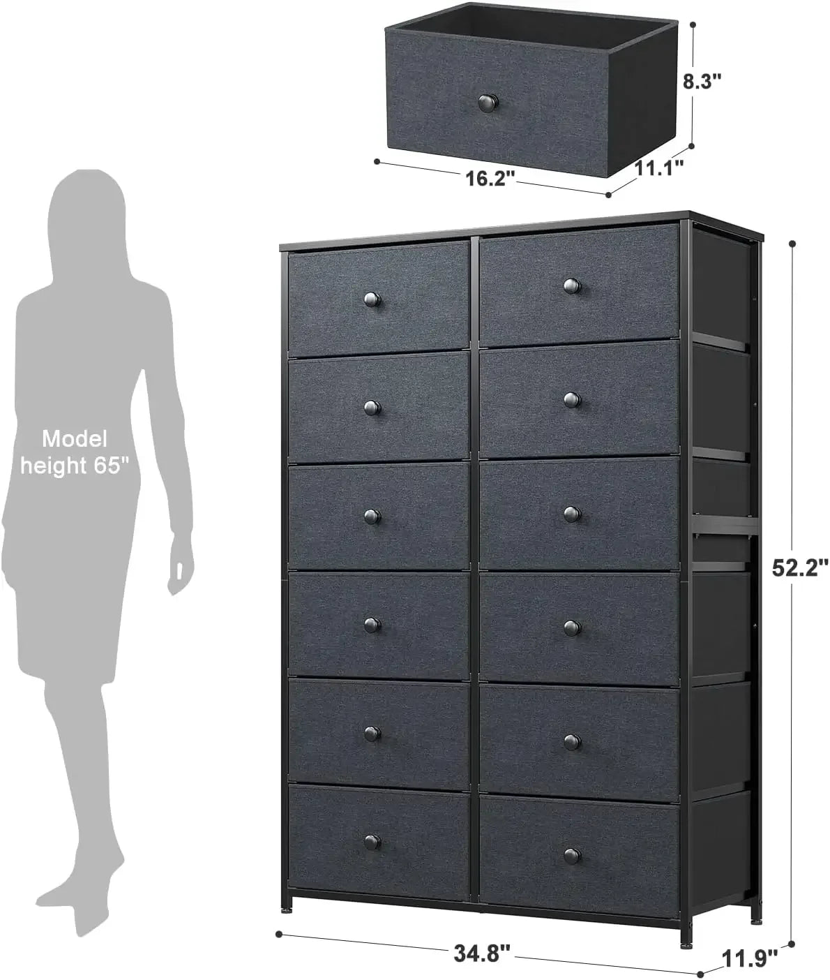 Drawer Dresser, Tall Dressers for Bedroom with Wooden Top and Metal Frame, Dresser & Chest for Bedroom, Closet Living Room